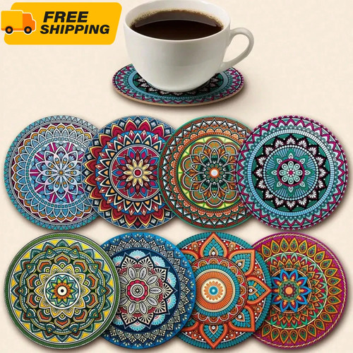 8pc wooden mandala coasters - 8pc,