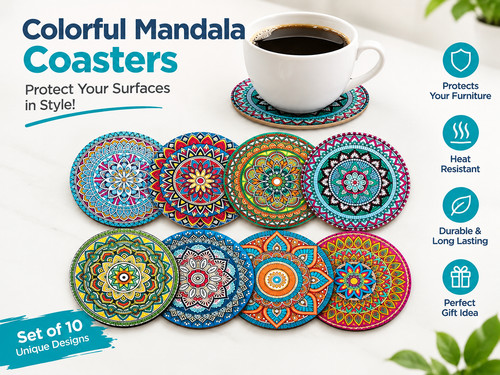 8pc wooden mandala - 8pc, coasters