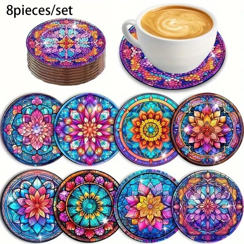 8pc wooden mandala coasters - 8pc,
