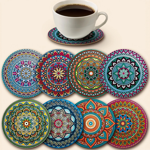 8pc wooden mandala coasters - 8pc,