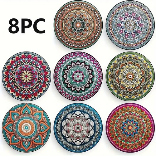 8pc wooden mandala coasters - wooden,